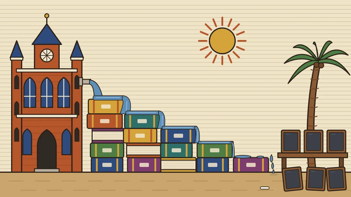 Illustration of water flowing from a pointed-arch college down a staircase of books, thinning at every step and drying up before it reaches a row of empty school slates