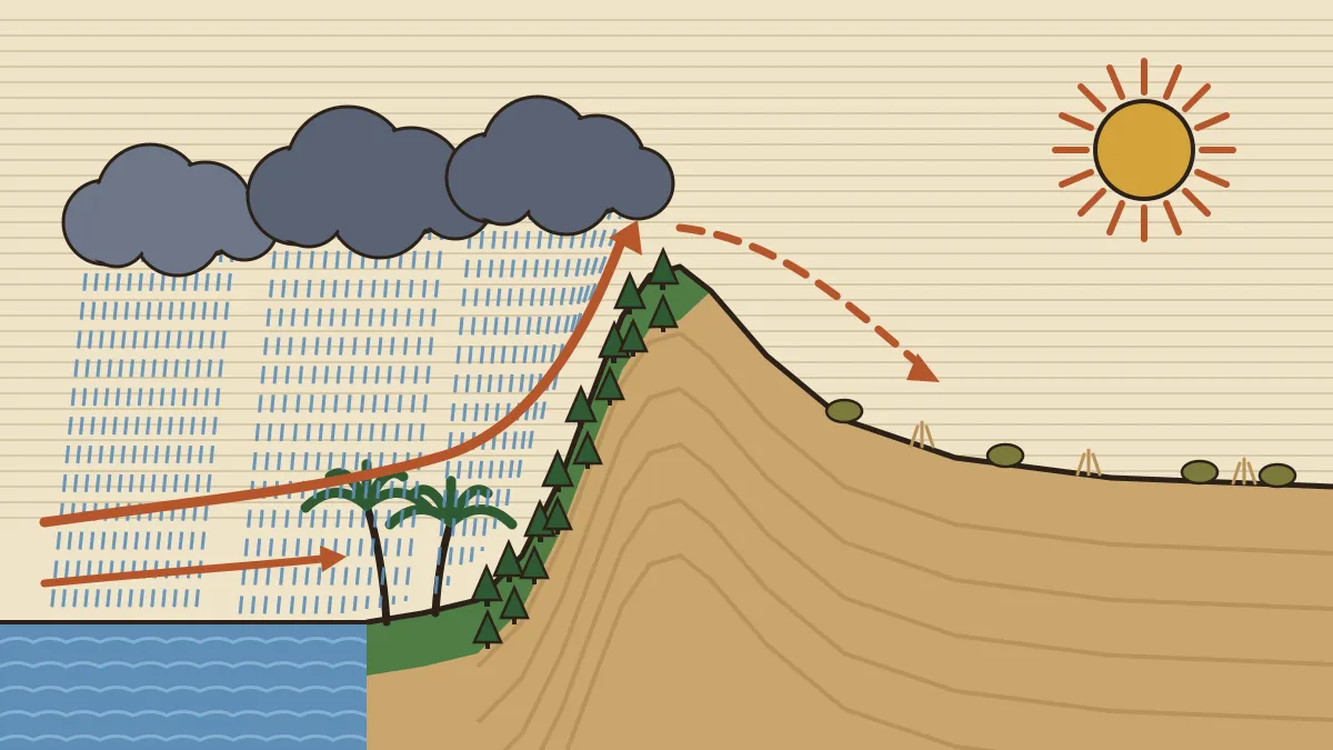 Illustration of monsoon winds rising over the Western Ghats, with rain clouds over the sea and slopes and a dry, sunny plateau beyond
