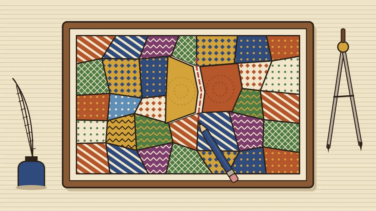 Illustration of a mosaic of patterned tiles on a drafting board, with one region being divided in two along a red dashed line