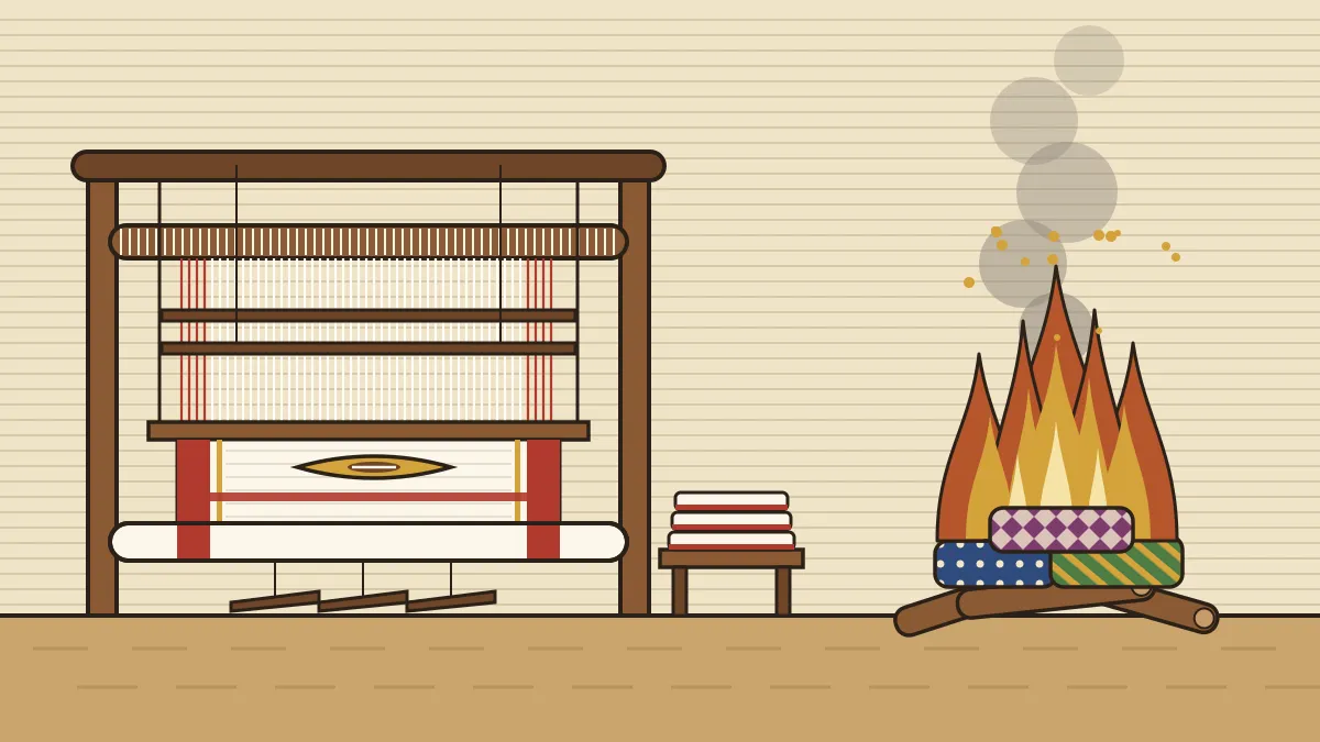 Illustration of a handloom weaving white cloth with red borders beside a bonfire of patterned mill cloth