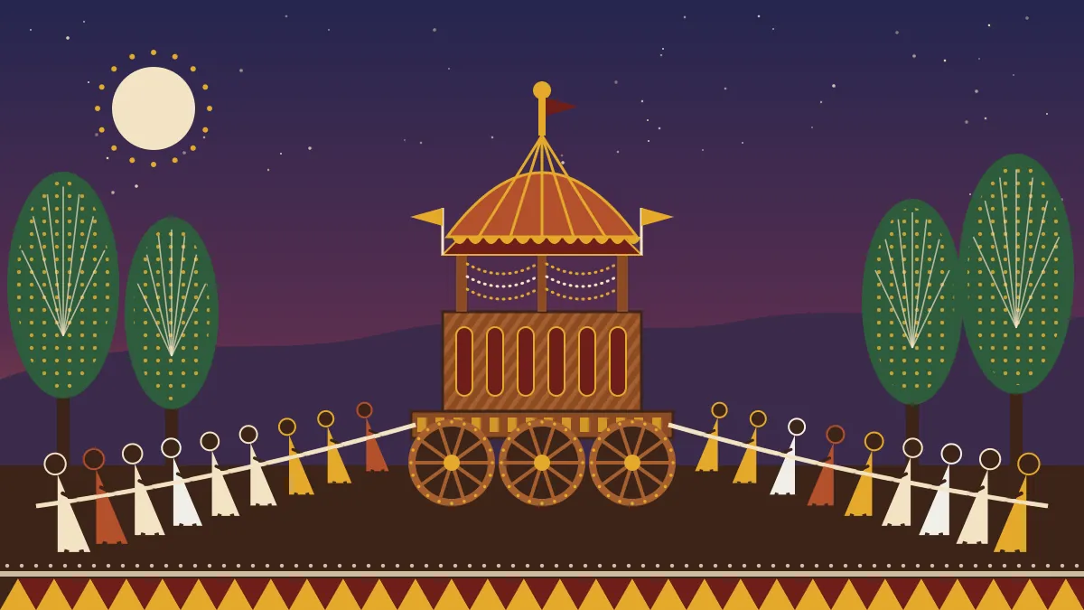 Folk-style illustration of the wooden Bastar Dussehra chariot with a striped canopy, pulled by crowds at dusk among sal trees