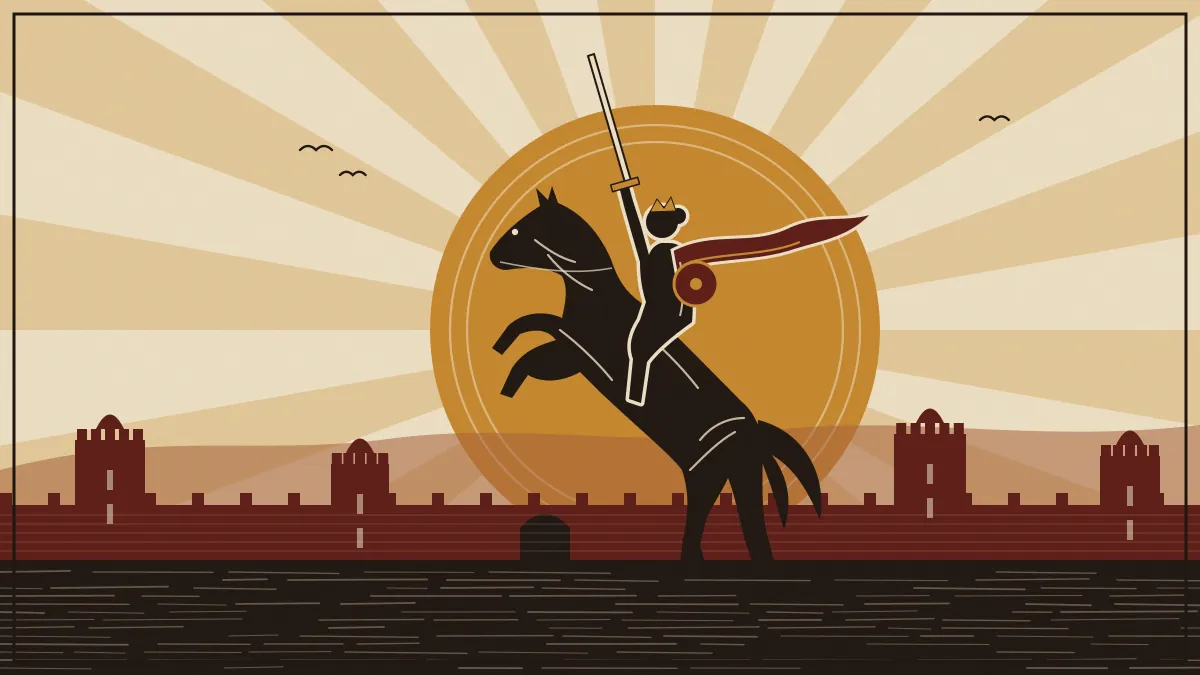 Woodcut-style illustration of a warrior queen on a rearing horse with her sword raised, before the walls of Kittur fort at sunrise