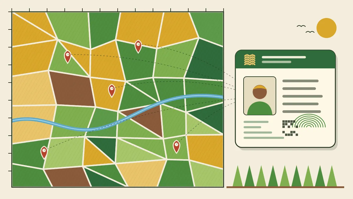 Illustration of a patchwork of farm plots on a geo-referenced village map, with location pins linked to a farmer's digital ID card