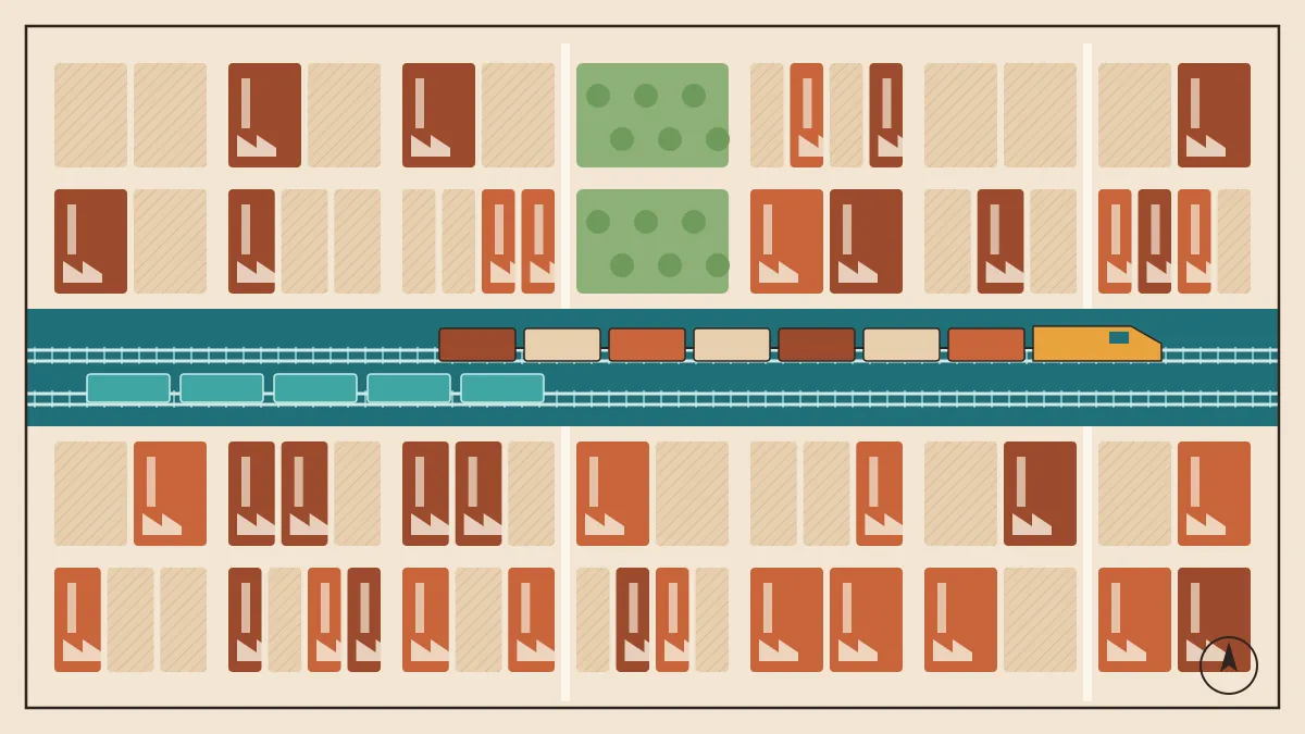 Master-plan style illustration of an industrial city with factory plots, a green park and a freight railway corridor running through the middle
