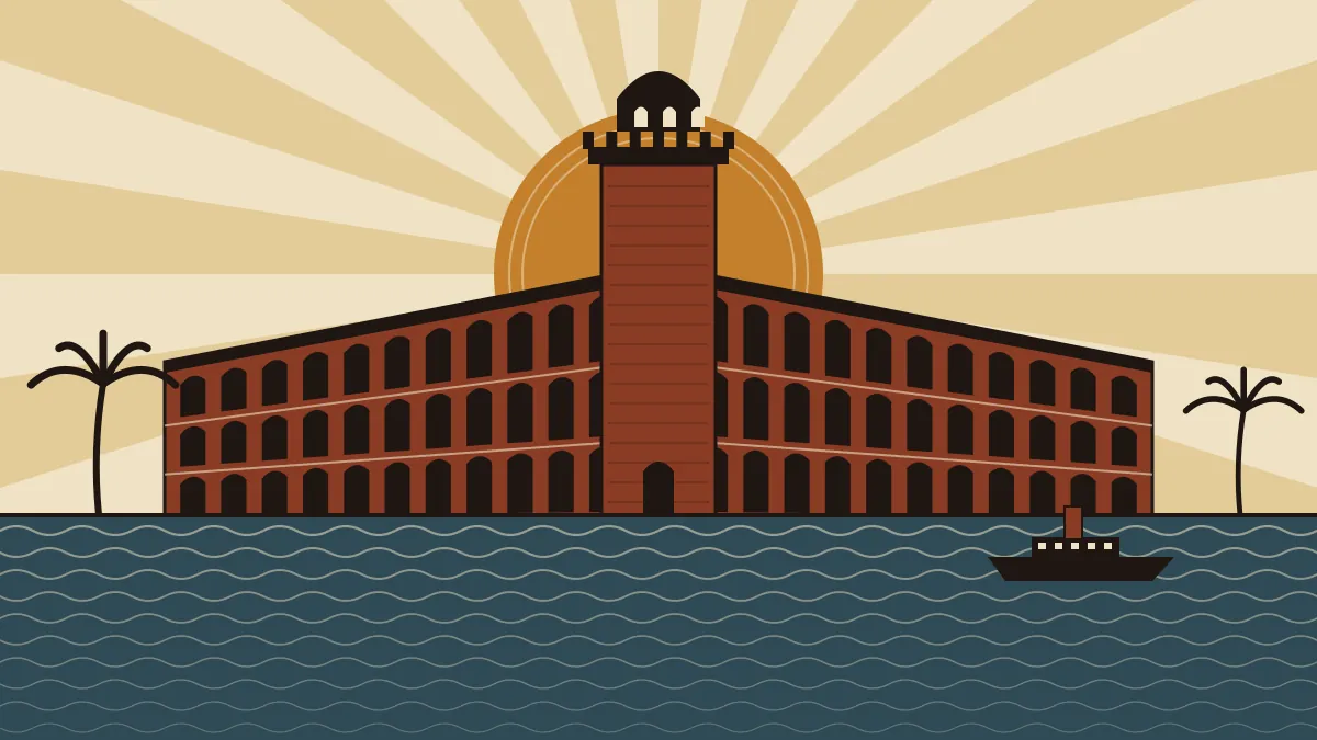 Woodcut-style illustration of a three-storey cellular prison with a central watchtower beside the sea, with a steamship on the horizon