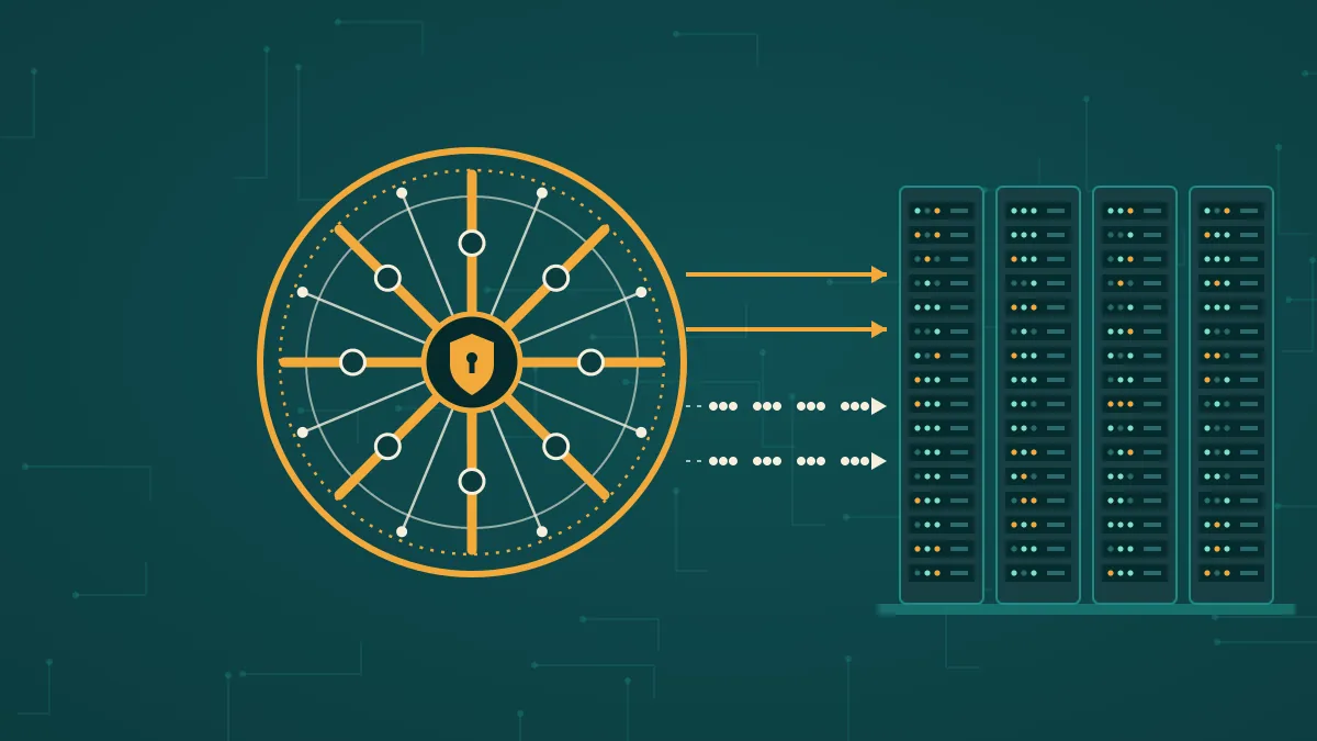 Illustration of a Konark-style wheel built from circuit traces, with a padlocked shield at its hub, linked by payment lanes to racks of servers