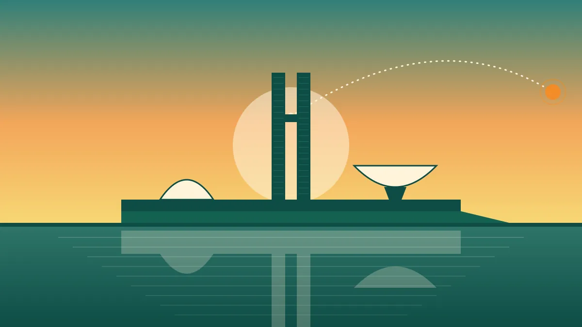 Flat illustration of the twin towers, dome and bowl of Brazil's National Congress at sunset, with a dotted arc across the sky to a saffron disc