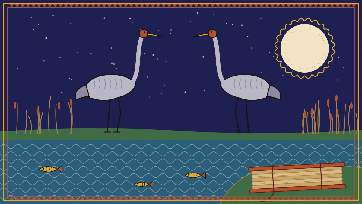 Folk-style illustration of a pair of sarus cranes on a riverbank under a full moon, with fish in the river and a bundle of palm-leaf manuscripts
