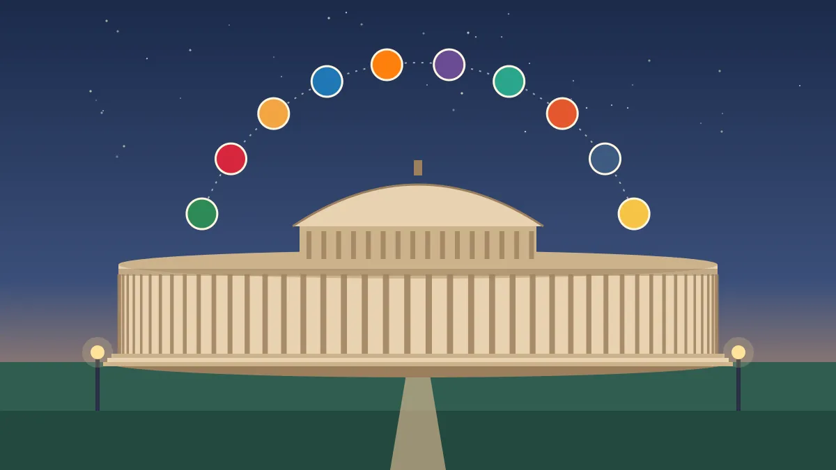 Flat illustration of a circular colonnaded parliament building at dusk, with ten small coloured discs arranged in an arc above its dome