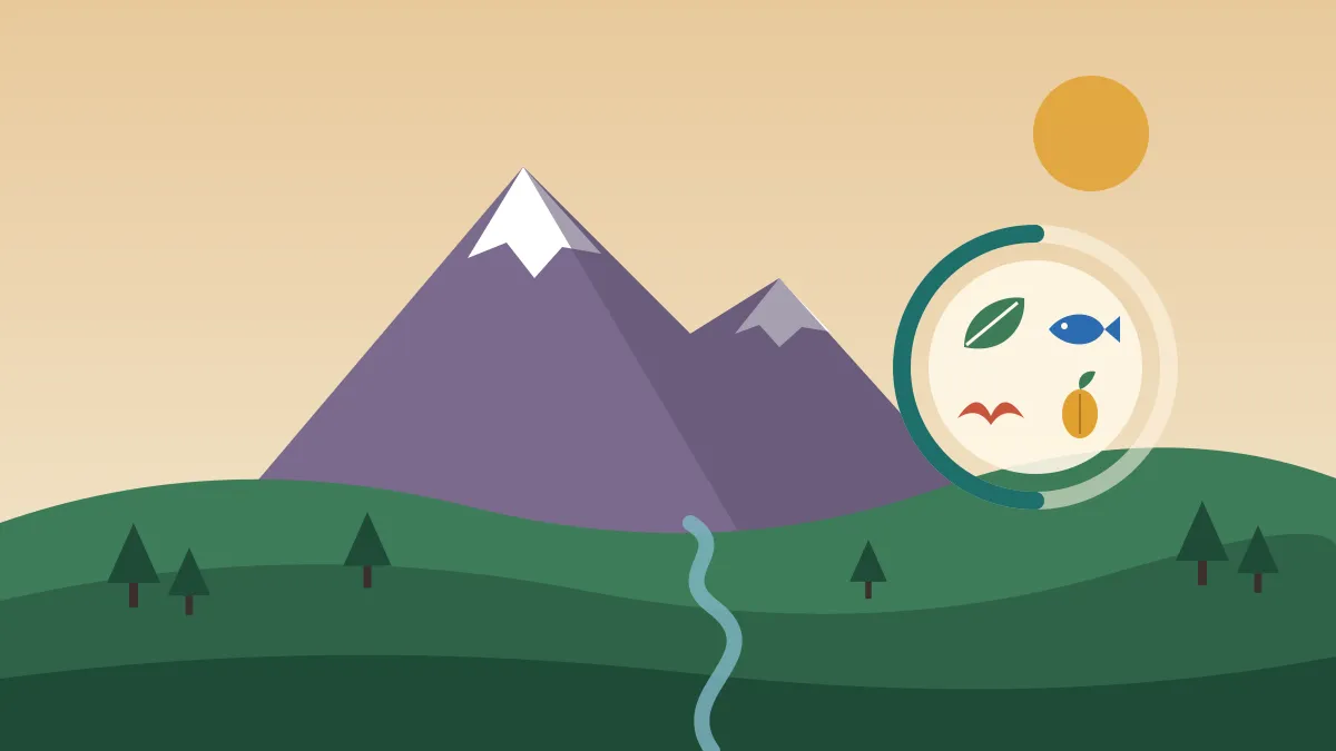 Editorial illustration of a twin-peaked snow mountain above a green valley, with a leaf, a fish, a bird and a seed arranged in a half-filled circle