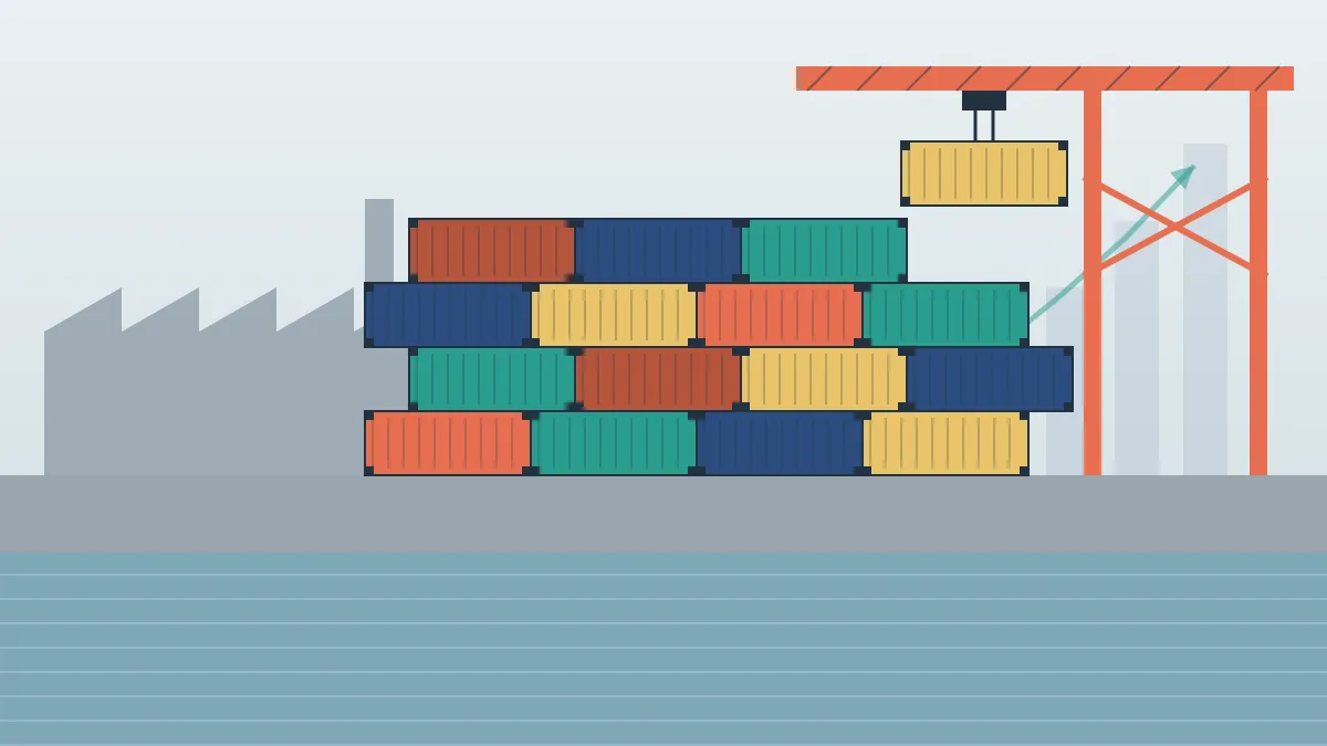 Editorial geometric illustration of stacked shipping containers in several colours beside a gantry crane, with a factory roofline and a rising bar chart in the background