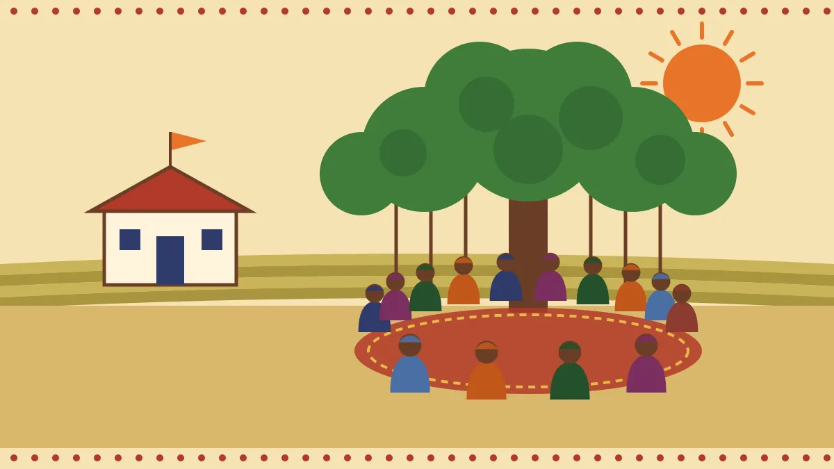 Folk-art style illustration of villagers seated in a circle under a large banyan tree, with a small panchayat building and fields behind them