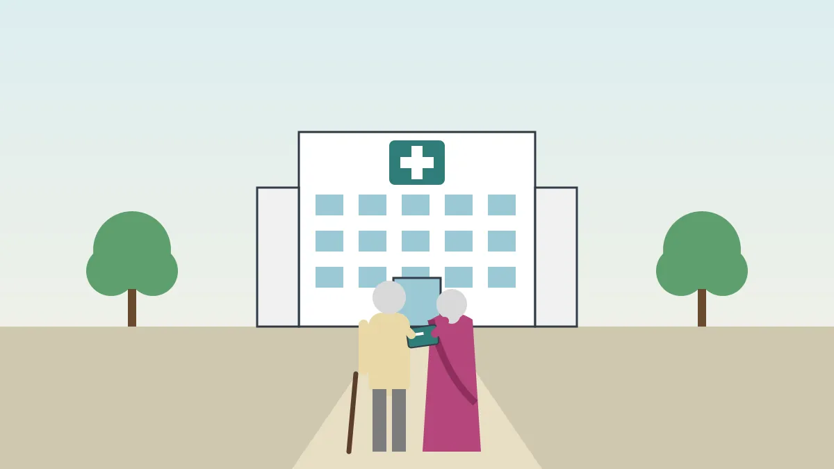 Flat illustration of an elderly couple seen from behind walking towards a hospital building marked with a plain cross, holding a card between them