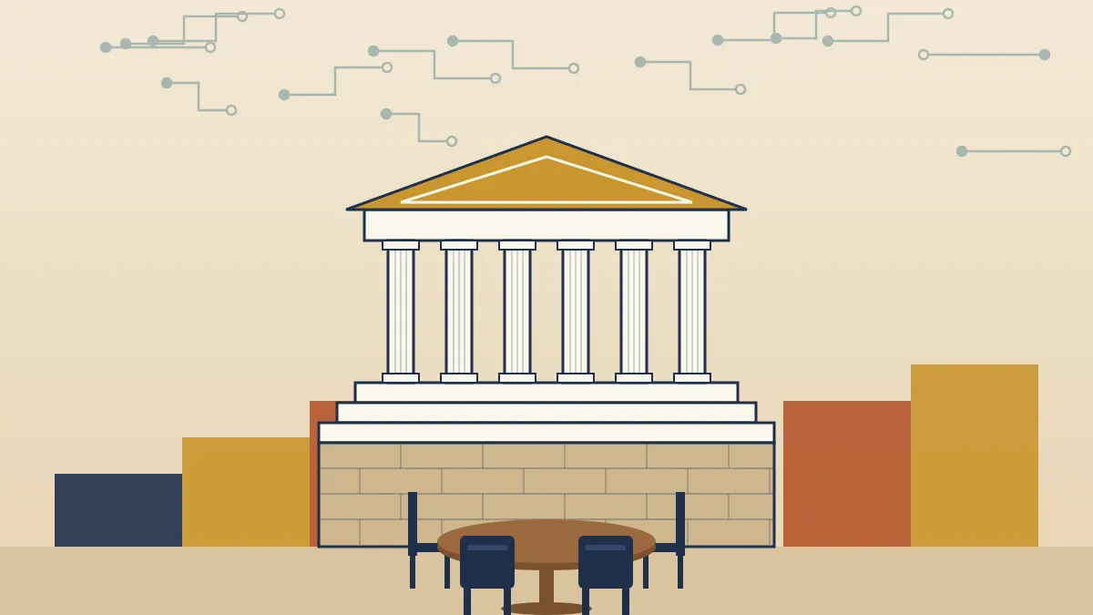Editorial geometric illustration of a classical bank building with columns, set on a rising path of blocks, with a round table of four empty chairs in the foreground and a circuit pattern in the sky