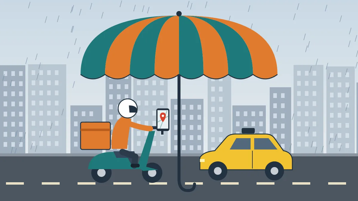 Flat illustration of a delivery rider on a scooter with a cargo box, a cab and a phone showing a map pin, sheltered under a large umbrella that stands over a city street