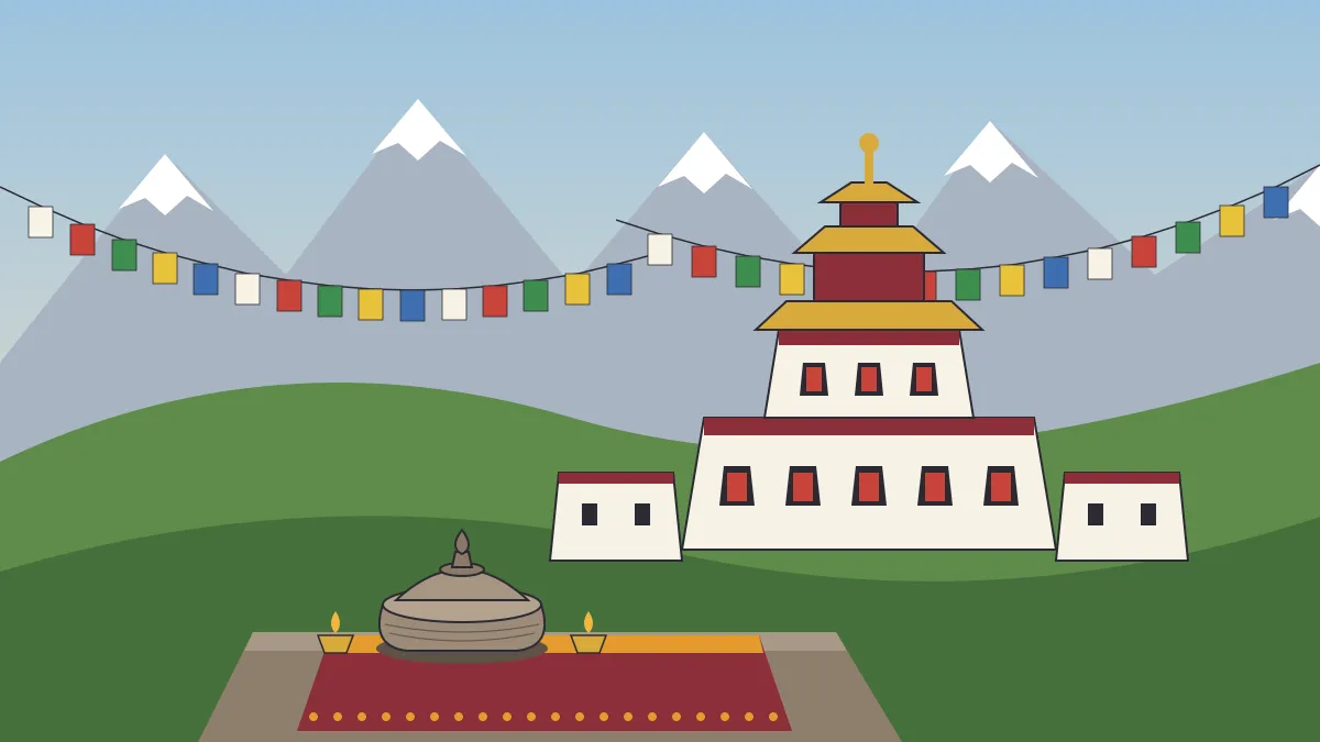 Folk-palette illustration of a Himalayan monastery with tiered roofs on a mountainside, prayer flags strung across the valley, and a small stone relic casket on a cloth in the foreground