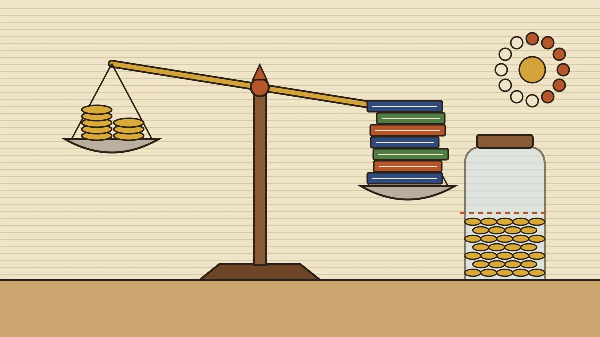Editorial illustration of a balance scale with a pile of coins on one pan and a taller stack of ledgers on the other, beside a half-filled glass jar
