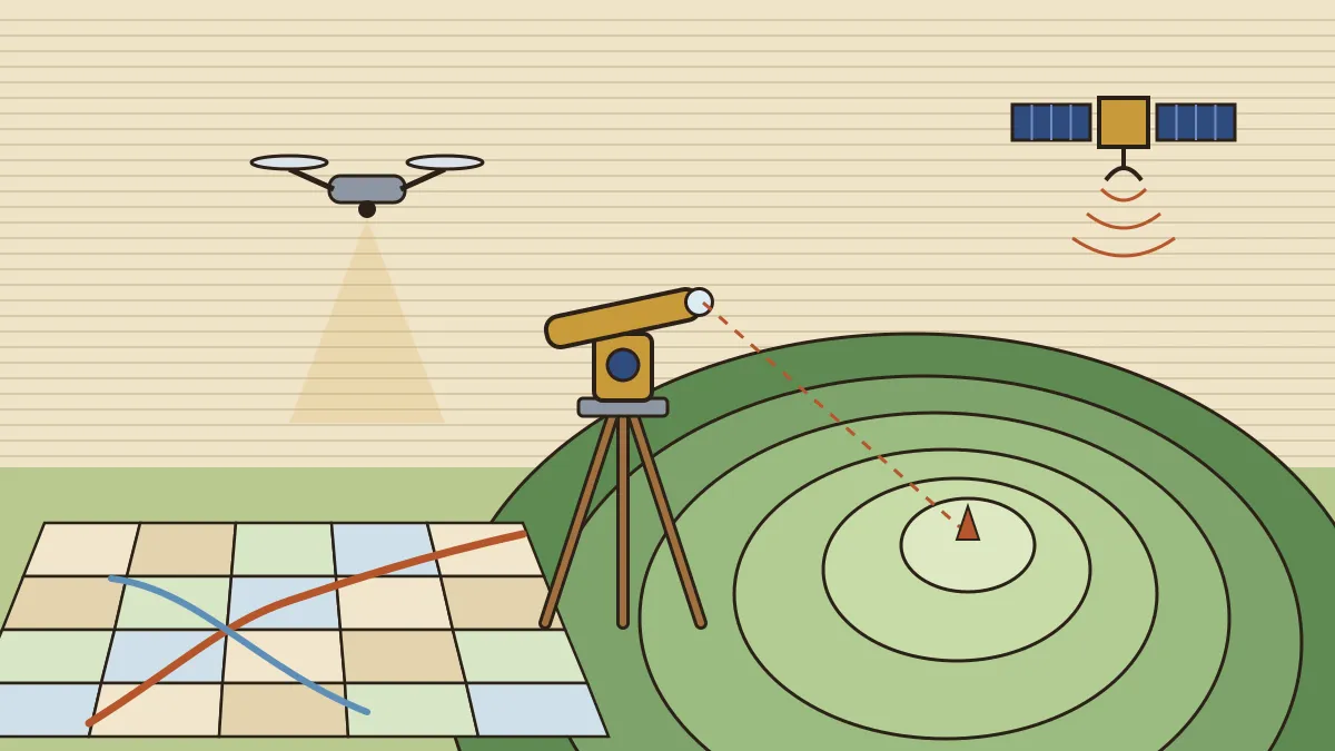 Editorial illustration of a surveyor's theodolite on a tripod beside a hillside covered in contour lines, with a drone and a satellite overhead and a grid of map tiles