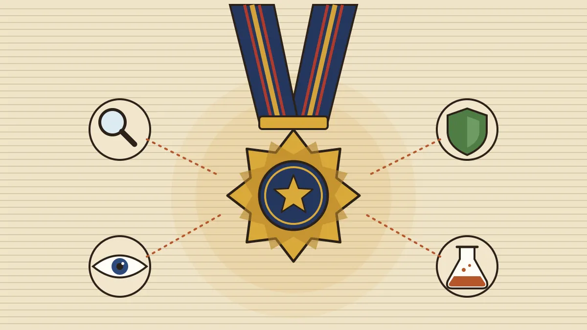 Editorial illustration of a star-shaped medal hanging from a striped ribbon, with four small emblems around it: a magnifying glass, a shield, an eye and a laboratory flask