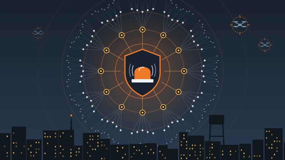 Illustration of a shield with a siren at the centre of radiating rings and a network fanning out to volunteers, with drones above a city