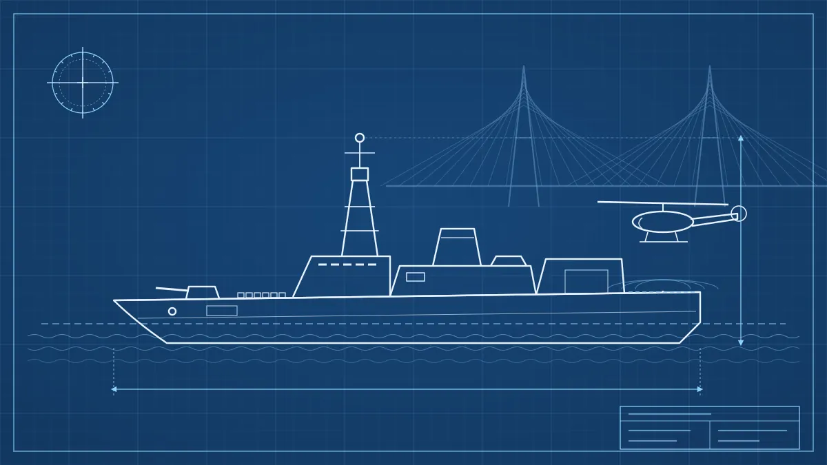 Blueprint-style line drawing of a naval frigate with a helicopter above its flight deck and a cable-stayed bridge in the background