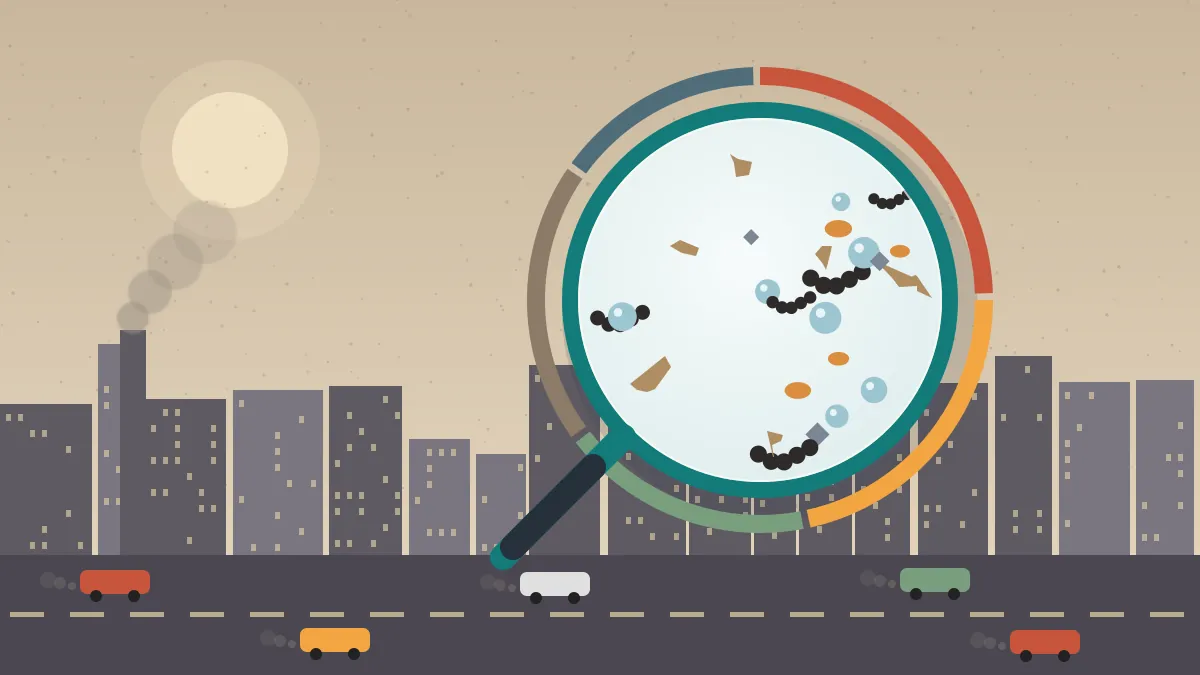Illustration of a magnifying lens over a hazy city skyline, showing different kinds of pollution particles ringed by coloured source segments