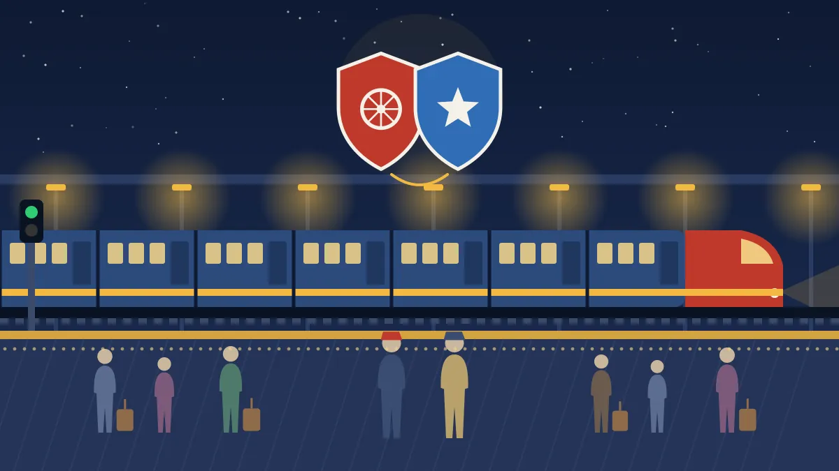 Illustration of a passenger train at a night platform beneath two interlocking shields, with passengers and two uniformed officers