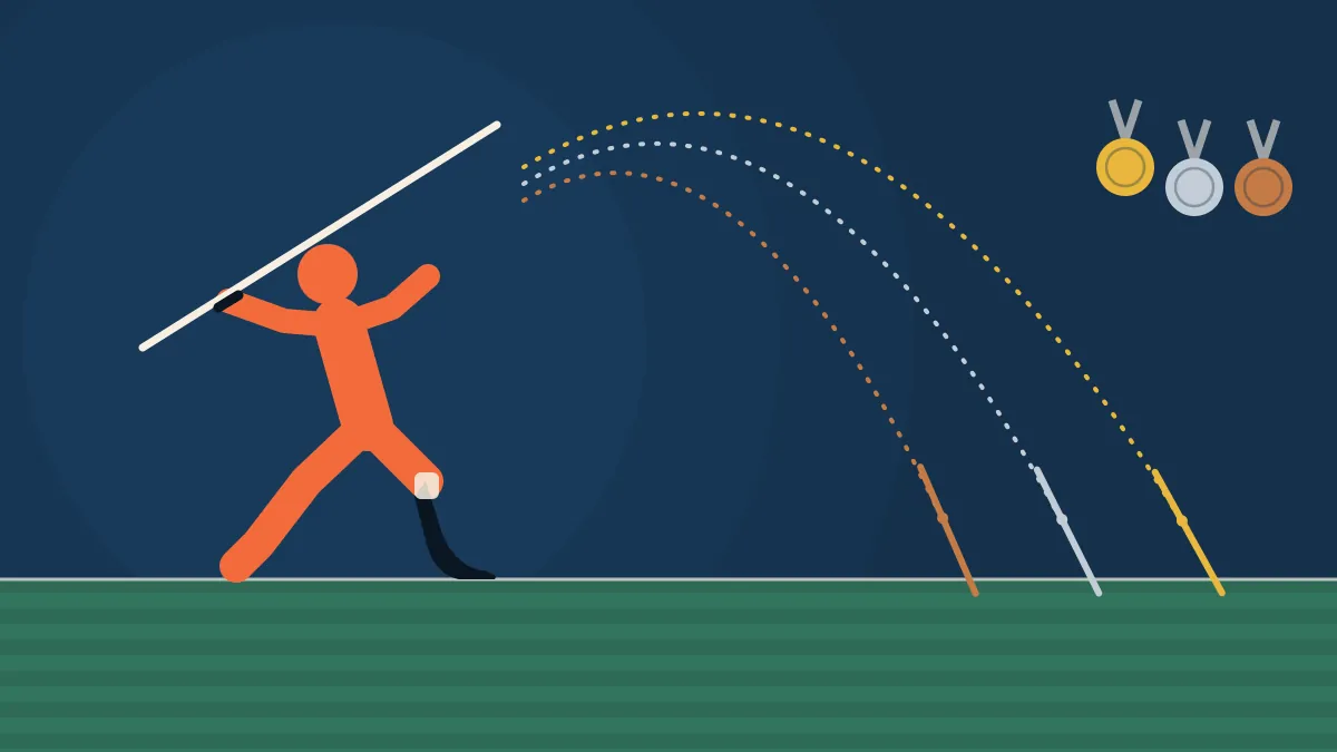 Flat illustration of a para-athlete with a prosthetic blade throwing a javelin, with three javelin flights in gold, silver and bronze