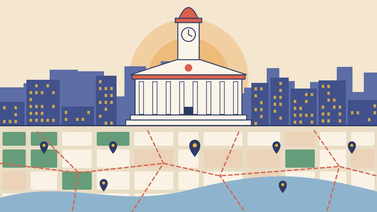 Illustration of a municipal hall with a clock tower against a city skyline, above a city map divided into wards with location pins