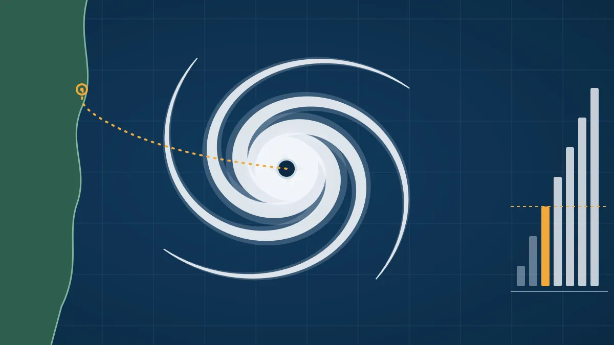 Illustration of a cyclone's spiral cloud bands over a dark sea, with a dotted forecast track to the coast and a bar ladder of storm categories