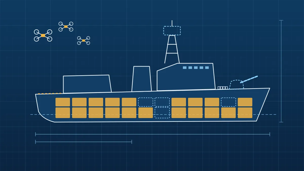Blueprint-style illustration of a warship in profile, most compartments filled in amber and a few, with the mast sensor and gun, left as dashed outlines