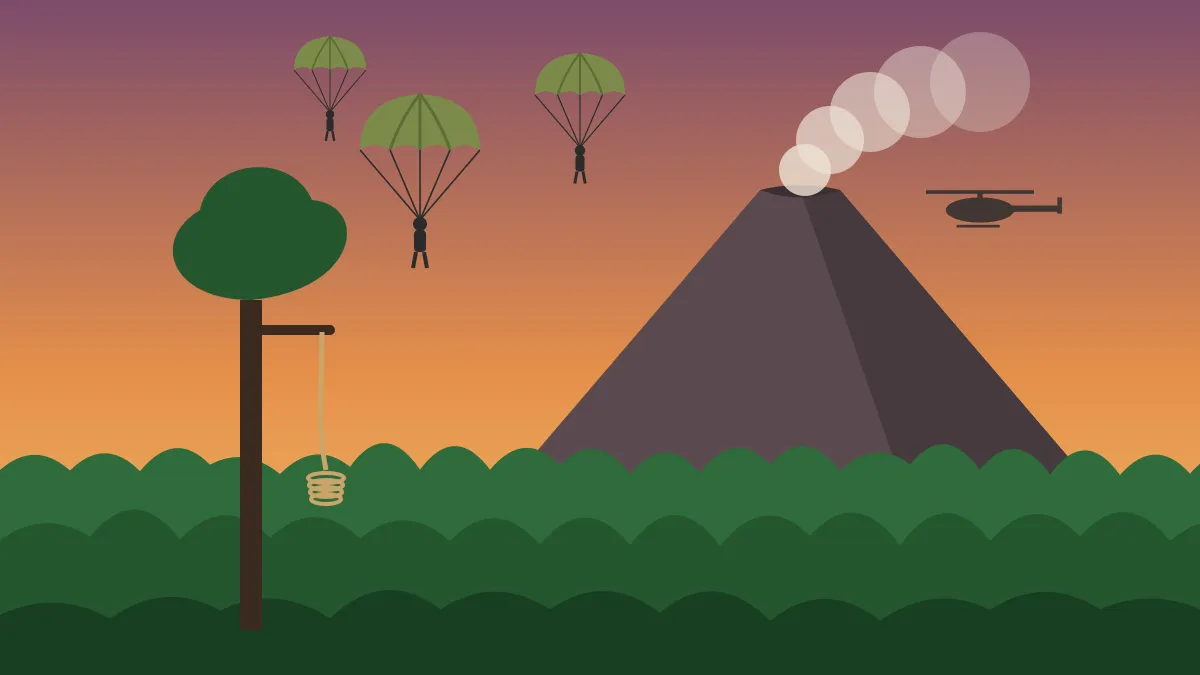 Flat graphic of a volcanic cone above dense jungle, with three paratrooper canopies descending and a coil of rope hanging from a tree