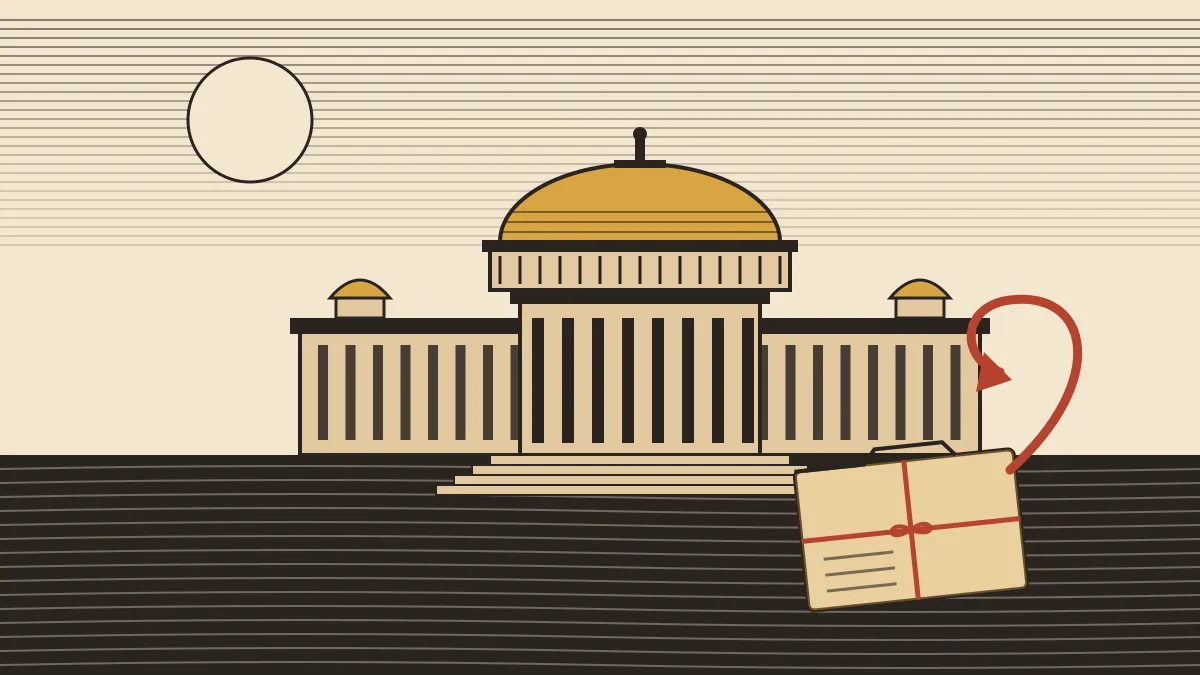 Woodcut-style illustration of a large domed building with a colonnade, and in front of it a tied file with a curved arrow turning back on itself