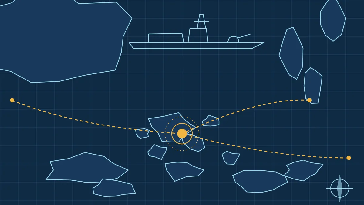 Blueprint-style map illustration of the western Pacific with island outlines, three dashed routes converging on a central island, and a generic frigate outline at the top