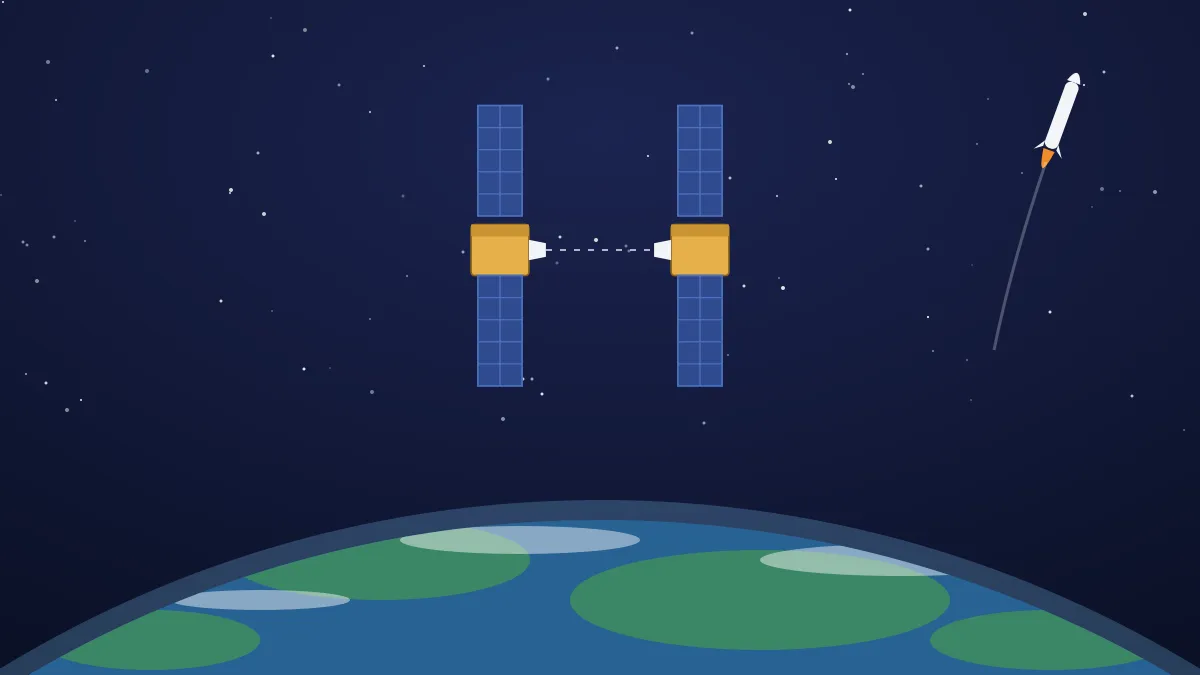 Flat illustration of two small satellites with solar panels approaching each other for docking above the curve of the Earth, with a rocket climbing in the distance