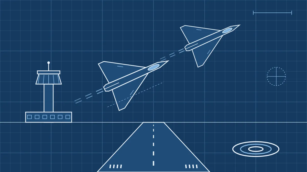 Blueprint-style line illustration of two generic delta-wing fighter jets climbing in formation over a runway, with a control tower and a stylised roundel shape on the ground