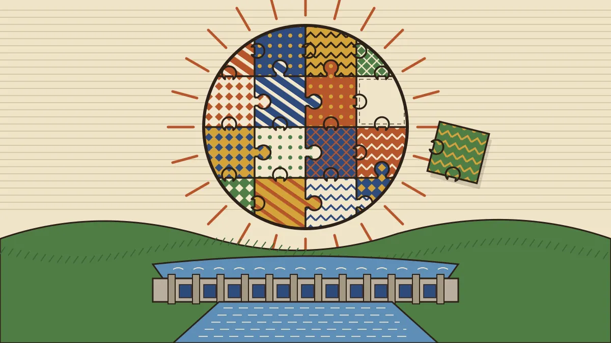 Woodcut-style illustration of a round emblem made of interlocking puzzle pieces in different folk patterns, with one last piece about to be fitted, above green hills, a dam and a river