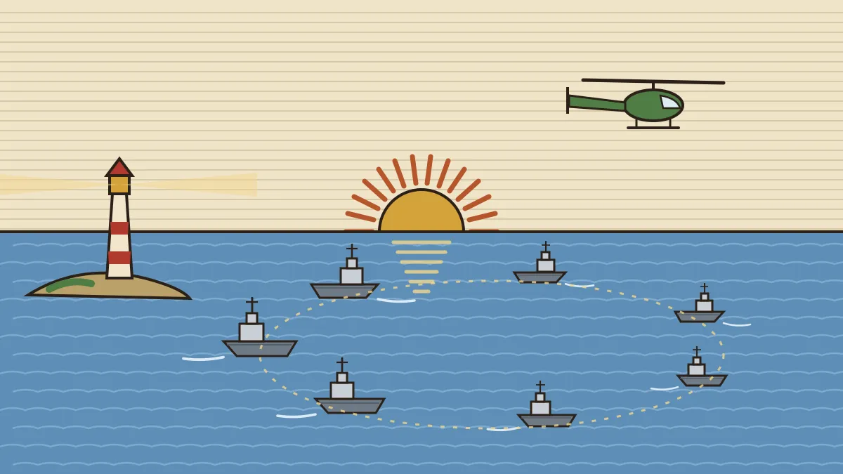 Editorial illustration of seven ships of different sizes sailing in a circle on a calm sea, with a helicopter overhead, a lighthouse on a small island and a rising sun