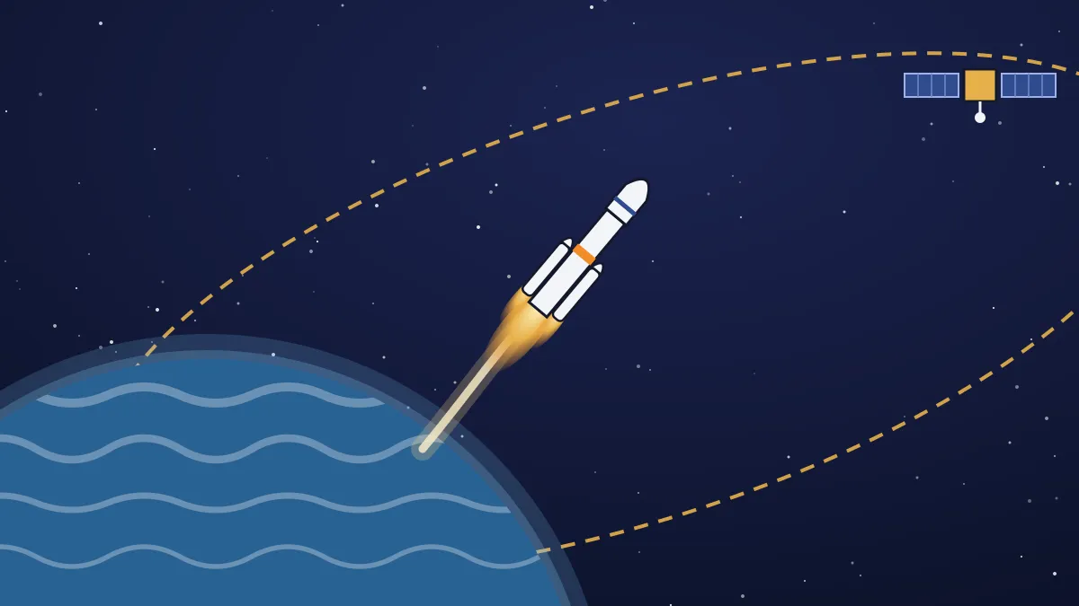 Editorial illustration of a rocket with four strap-on boosters rising on a flame at night, with an elongated dashed orbit curving around a stylised Earth and a small satellite at its far point